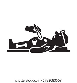 A stylized black silhouette of a dog lying on its side, receiving medical attention with a stethoscope and bandages, surrounded by a toy bone and a bucket. The image conveys a sense of care and comfor.
