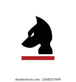 A stylized black silhouette of a dog's head with a red horizontal line beneath it