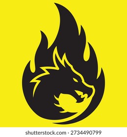 A stylized black silhouette of a dragon's head emerges from a fiery emblem, set against a bright yellow backdrop.