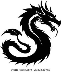 A stylized black silhouette of a dragon's head and body in profile, facing right with sharp details