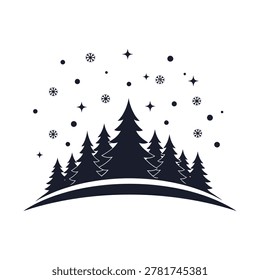 Stylized black silhouette of evergreen trees on a snowy mound, with various stars and snowflakes scattered above, evoking a festive winter atmosphere.