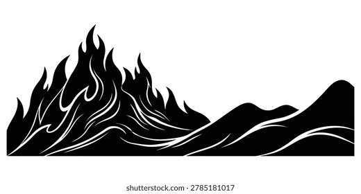 Stylized black silhouette of fire burning over hills with silhouette landscape darkness disaster