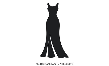 A stylized black silhouette of a floor length evening gown featuring a daring thigh high slit, perfect for symbolizing formal events, fashion, or luxury.