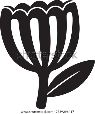 Stylized black silhouette of a stylized flower with distinct petals and a single leaf silhouette illustration minimalist isolated decoration botanical