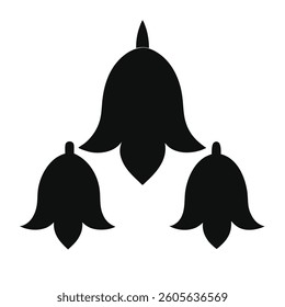 A stylized, black silhouette graphic of three bell-shaped flowers.