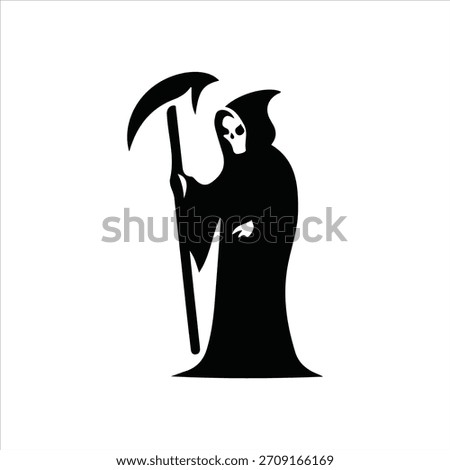 Stylized black silhouette of the Grim Reaper holding a scythe against a white background. A symbol of death and mortality.