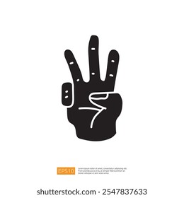 A stylized black silhouette of a hand displaying the "peace" sign with three fingers raised, symbolizing positivity and unity.