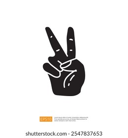 A stylized black silhouette of a hand making a peace sign, symbolizing harmony and positivity.