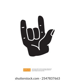 A stylized black silhouette of a hand making the "I love you" sign, often associated with deaf culture and rock music.