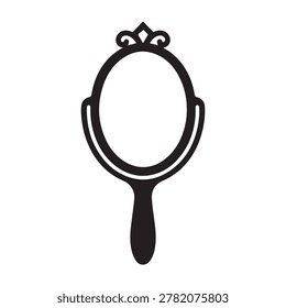 A stylized black silhouette of a hand mirror featuring an oval reflective surface, an ornate top with swirl designs, and a curved handle. The image is monochromatic with bold, clean lines and no shadi.