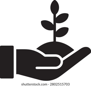 Stylized black silhouette of a hand nurturing a growing plant in soil.