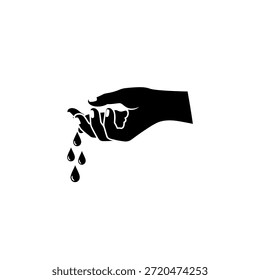 A stylized black silhouette of a hand with three drops of liquid falling from its fingertips, set against a white background.
