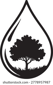 A stylized black silhouette inside a water droplet contains a tree with dense foliage and visible roots, standing on a patch of grass. The composition is centered and minimalist, with a stark contrast between the black silhouette and the white background. The mood is serene and symbolic, representing nature and purity. Important details include the delicate branches of the tree and the shape of the droplet.