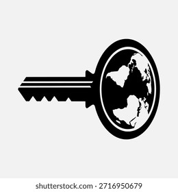 Eine stilisierte schwarze Silhouette eines Schlüssels zeigt eine detaillierte Weltkarte auf dem kreisförmigen Kopf, die globalen Zugriff, Lösungen oder Konnektivität nahe legt.