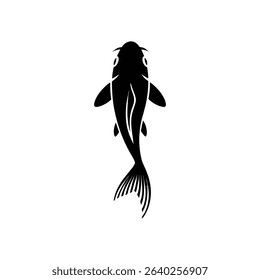 A stylized black silhouette of a koi fish is presented, viewed from above, showcasing its detailed fins and body.