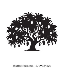 A stylized black silhouette of a mango tree laden with fruit