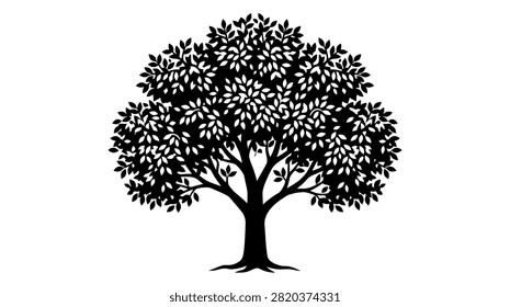 A stylized black silhouette of a mature tree with a dense canopy of leaves against a clean white background.