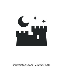 A stylized black silhouette of a medieval castle with battlements, a crescent moon, and stars against a white background