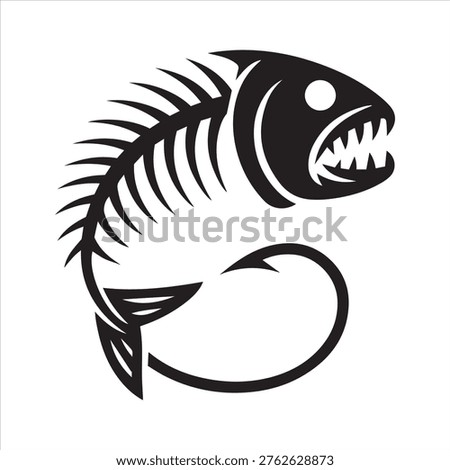 Stylized black silhouette of a menacing fish skeleton with sharp teeth and a fishing hook.