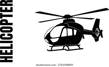 Stylized black silhouette of a modern helicopter with landing skids, main rotor blades, and a tail rotor, set against a clean white background, with the word 'HELICOPTER' vertically on the left.