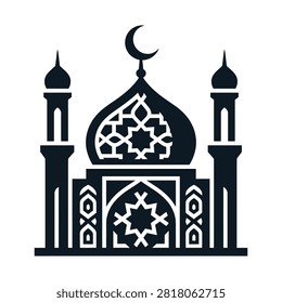A stylized black silhouette of a mosque with a central dome, crescent moon, and two minarets, featuring intricate Islamic geometric patterns. This iconic design represents Islamic architecture and culture.
