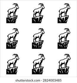 A stylized black silhouette of a mountain goat standing on a jagged rock formation against a white background.