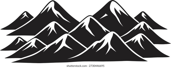 Eine stilisierte schwarze Silhouette einer Bergkette mit schneebedeckten Gipfeln und Hängen auf weißem Hintergrund