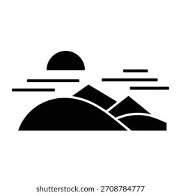 Stylized black silhouette of mountains and clouds, evoking a minimalist landscape.