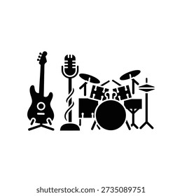 A stylized black silhouette of music instruments including guitar, microphone, and drum set on white background.