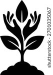 Stylized black silhouette of nurturing hands cupping a growing plant with leaves, symbolizing growth, care, and environmental protection emerging from soil.

