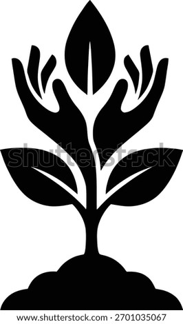 Stylized black silhouette of nurturing hands cupping a growing plant with leaves, symbolizing growth, care, and environmental protection emerging from soil.
