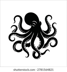 A stylized black silhouette of an octopus, showcasing its eight distinct tentacles curled outwards, against a white background.
