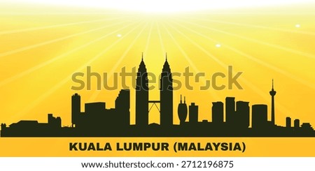 Stylized black silhouette panorama of Kuala Lumpur on a bright yellow background with sunbeams