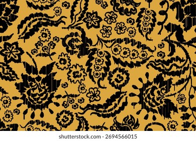 Modelo floral-vid negro estilizado de la silueta en fondo ocre mostaza. Textura retro, ornamental y sin costuras ideal para Fondos de pantalla, textiles, envases y proyectos de diseño decorativo. 