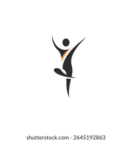 A stylized black silhouette of a person with arms raised and an orange accent suggesting balance and harmony against a white background The style is minimalist and vector based
