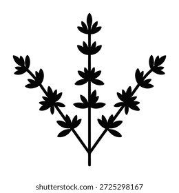 Una silueta negra estilizada de una planta con múltiples ramas y hojas Pequeñas, sobre un fondo blanco. El diseño es simple y gráfico.
