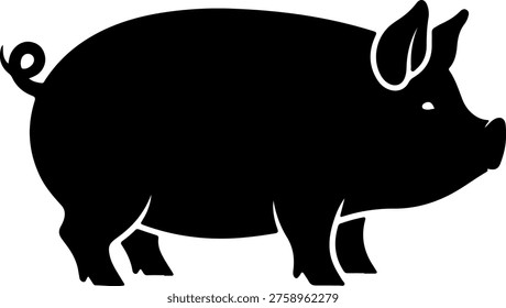 A stylized black silhouette of a plump pig standing on all fours