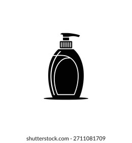 Silhueta preta estilizada de um frasco de bomba, ideal para sabonete líquido, shampoo ou loção, de pé em uma superfície branca.