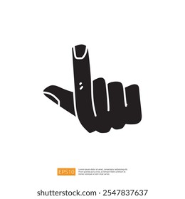 A stylized, black silhouette of a raised index finger, symbolizing a gesture of "quiet" or "wait." It conveys communication or instruction visually.