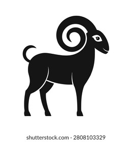 Stylized black silhouette of a ram with large curved horns standing in profile on a plain white background