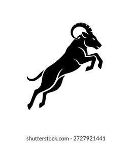 A stylized black silhouette of a ram leaping forward with its horns curled.