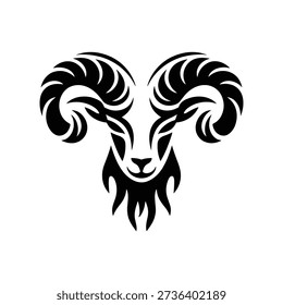 A stylized black silhouette of a ram's head with large curved horns and a beard, set against a pure white background, creating a striking contrast