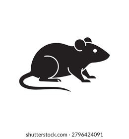 A stylized black silhouette of a rat standing on all fours, facing slightly to the left. The rat has small, rounded ears and a simple, clean design with subtle shading for depth. The background is pla.