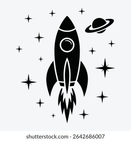 A stylized black silhouette of a rocket launching into space, surrounded by stars and a planet with rings.  Simple, bold design, perfect for space-themed projects.