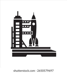 A stylized black silhouette of a rocket on a launch tower, ready for space exploration.