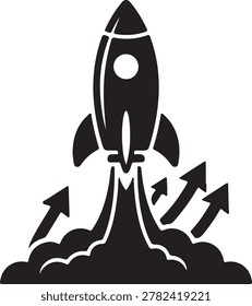 A stylized black silhouette of a rocket ship launching upwards with fiery exhaust and three arrow-shaped trails indicating rapid ascent and progress, symbolizing startup, speed, and innovation