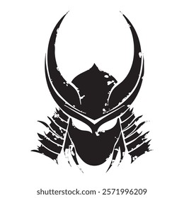 Stylized black silhouette of a samurai helmet with elaborate horns.