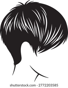 Stylized black silhouette of a short choppy layered hairstyle. Modern haircut design element. Clean lines, isolated on grey checkerboard background.