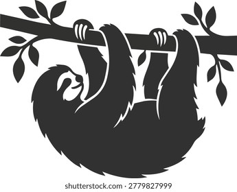 A stylized black silhouette of a sloth with a smiling face, suspended upside down from a tree branch, its claws gripping the wood.