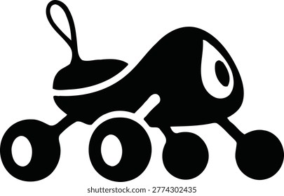 A stylized black silhouette of a small, bug-like robot with four wheels and a curious eye.
